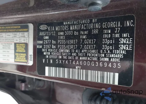 2013 Kia Sorento Lx from USA, damaged, VIN 5XYKT4A60DG369435